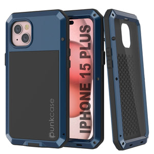 Carcasa de metal para iPhone 15 Plus, funda resistente de grado militar [a prueba de golpes] cuerpo completo resistente [azul].