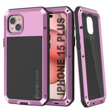 Cargar imagen en el visor de la galería, Funda de metal para iPhone 15 Plus, resistente de grado militar [a prueba de golpes] de cuerpo completo duro [rosa].
