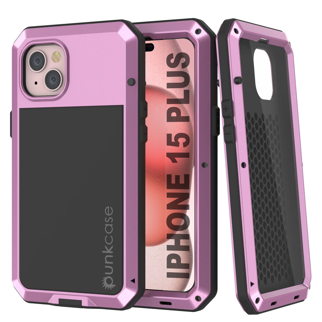 Funda de metal para iPhone 15 Plus, resistente de grado militar [a prueba de golpes] de cuerpo completo duro [rosa].