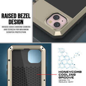 Funda metálica para iPhone 15 Plus, resistente de grado militar [a prueba de golpes], cuerpo completo duro [dorado].