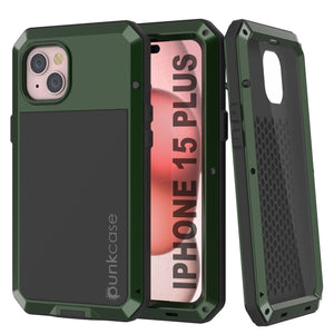 Carcasa metálica para iPhone 15 Plus, cubierta de alta resistencia de grado militar [a prueba de golpes] cuerpo completo duro [verde oscuro].