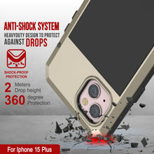 Cargar imagen en el visor de la galería, Funda metálica para iPhone 15 Plus, resistente de grado militar [a prueba de golpes], cuerpo completo duro [dorado].

