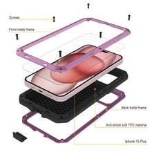 Cargar imagen en el visor de la galería, Funda de metal para iPhone 15 Plus, resistente de grado militar [a prueba de golpes] de cuerpo completo duro [rosa].

