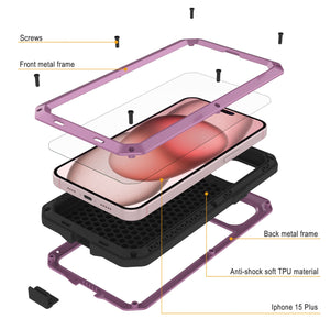 Funda de metal para iPhone 15 Plus, resistente de grado militar [a prueba de golpes] de cuerpo completo duro [rosa].