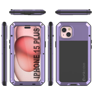 Carcasa de Metal para iPhone 15 Plus, Funda de Armadura de Grado Militar Resistente [a prueba de golpes], Dura de Cuerpo Completo [Morado]