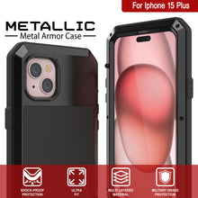 Cargar imagen en el visor de la galería, Estuche de metal iPhone 15 Plus, Cubierta de armadura resistente de grado militar [a prueba de golpes] Cuerpo completo resistente [Negro].
