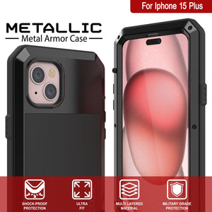 Estuche de metal iPhone 15 Plus, Cubierta de armadura resistente de grado militar [a prueba de golpes] Cuerpo completo resistente [Negro].