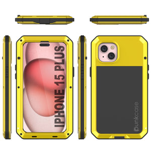 Funda de metal para iPhone 15 Plus, resistente armadura de grado militar con protección contra impactos. Diseño completo y resistente [Amarillo].
