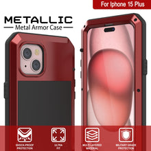 Cargar imagen en el visor de la galería, Funda de metal para iPhone 15 Plus, resistente de grado militar con protección contra impactos [a prueba de golpes]. Cubierta dura de cuerpo completo [Rojo].
