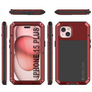 Funda de metal para iPhone 15 Plus, resistente de grado militar con protección contra impactos [a prueba de golpes]. Cubierta dura de cuerpo completo [Rojo].