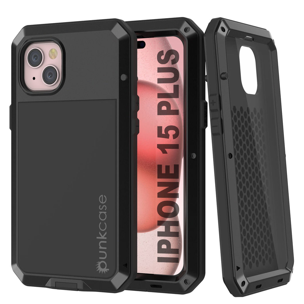 Estuche de metal iPhone 15 Plus, Cubierta de armadura resistente de grado militar [a prueba de golpes] Cuerpo completo resistente [Negro].