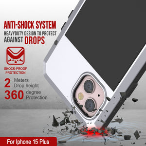 Funda de metal para iPhone 15 Plus, resistente y de grado militar, cubierta de armadura [a prueba de golpes] de cuerpo completo [blanca].