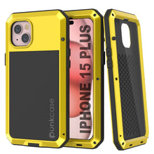 Cargar imagen en el visor de la galería, Funda de metal para iPhone 15 Plus, resistente armadura de grado militar con protección contra impactos. Diseño completo y resistente [Amarillo].
