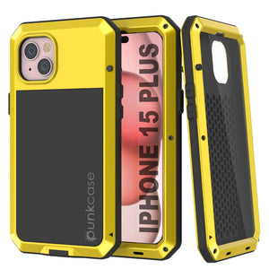 Funda de metal para iPhone 15 Plus, resistente armadura de grado militar con protección contra impactos. Diseño completo y resistente [Amarillo].