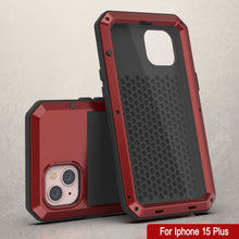 Cargar imagen en el visor de la galería, Funda de metal para iPhone 15 Plus, resistente de grado militar con protección contra impactos [a prueba de golpes]. Cubierta dura de cuerpo completo [Rojo].
