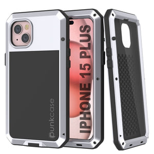 Funda de metal para iPhone 15 Plus, resistente y de grado militar, cubierta de armadura [a prueba de golpes] de cuerpo completo [blanca].