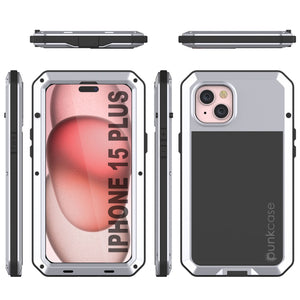 Funda de metal para iPhone 15 Plus, resistente y de grado militar, cubierta de armadura [a prueba de golpes] de cuerpo completo [blanca].