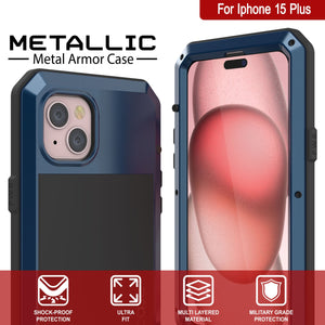 Carcasa de metal para iPhone 15 Plus, funda resistente de grado militar [a prueba de golpes] cuerpo completo resistente [azul].