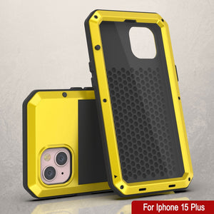 Funda de metal para iPhone 15 Plus, resistente armadura de grado militar con protección contra impactos. Diseño completo y resistente [Amarillo].