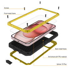 Cargar imagen en el visor de la galería, Funda de metal para iPhone 15 Plus, resistente armadura de grado militar con protección contra impactos. Diseño completo y resistente [Amarillo].
