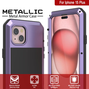 Carcasa de Metal para iPhone 15 Plus, Funda de Armadura de Grado Militar Resistente [a prueba de golpes], Dura de Cuerpo Completo [Morado]