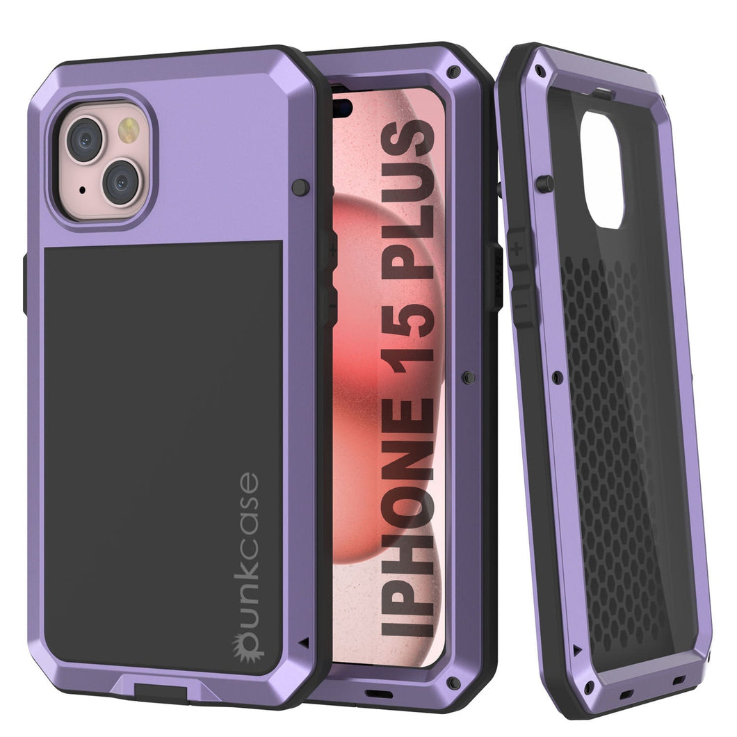 Carcasa de Metal para iPhone 15 Plus, Funda de Armadura de Grado Militar Resistente [a prueba de golpes], Dura de Cuerpo Completo [Morado]