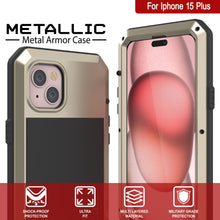 Cargar imagen en el visor de la galería, Funda metálica para iPhone 15 Plus, resistente de grado militar [a prueba de golpes], cuerpo completo duro [dorado].
