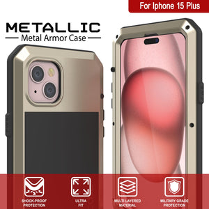 Funda metálica para iPhone 15 Plus, resistente de grado militar [a prueba de golpes], cuerpo completo duro [dorado].