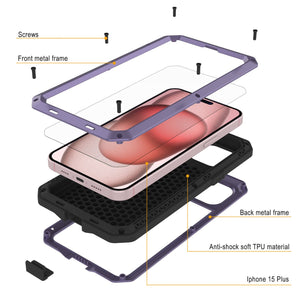Carcasa de Metal para iPhone 15 Plus, Funda de Armadura de Grado Militar Resistente [a prueba de golpes], Dura de Cuerpo Completo [Morado]
