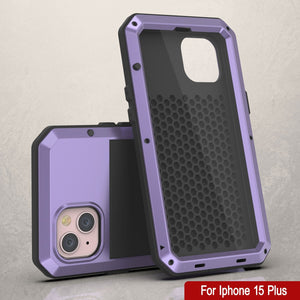 Carcasa de Metal para iPhone 15 Plus, Funda de Armadura de Grado Militar Resistente [a prueba de golpes], Dura de Cuerpo Completo [Morado]