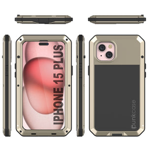 Funda metálica para iPhone 15 Plus, resistente de grado militar [a prueba de golpes], cuerpo completo duro [dorado].