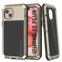 Cargar imagen en el visor de la galería, Funda metálica para iPhone 15 Plus, resistente de grado militar [a prueba de golpes], cuerpo completo duro [dorado].
