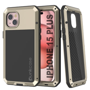 Funda metálica para iPhone 15 Plus, resistente de grado militar [a prueba de golpes], cuerpo completo duro [dorado].