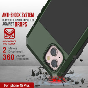 Carcasa metálica para iPhone 15 Plus, cubierta de alta resistencia de grado militar [a prueba de golpes] cuerpo completo duro [verde oscuro].