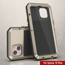 Cargar imagen en el visor de la galería, Funda metálica para iPhone 15 Plus, resistente de grado militar [a prueba de golpes], cuerpo completo duro [dorado].
