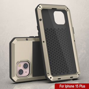 Funda metálica para iPhone 15 Plus, resistente de grado militar [a prueba de golpes], cuerpo completo duro [dorado].