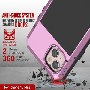 Funda de metal para iPhone 15 Plus, resistente de grado militar [a prueba de golpes] de cuerpo completo duro [rosa].