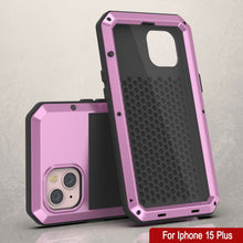 Cargar imagen en el visor de la galería, Funda de metal para iPhone 15 Plus, resistente de grado militar [a prueba de golpes] de cuerpo completo duro [rosa].
