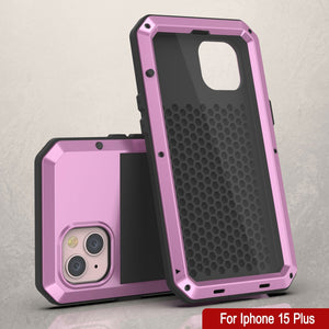 Funda de metal para iPhone 15 Plus, resistente de grado militar [a prueba de golpes] de cuerpo completo duro [rosa].