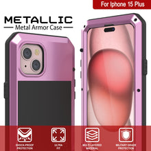 Cargar imagen en el visor de la galería, Funda de metal para iPhone 15 Plus, resistente de grado militar [a prueba de golpes] de cuerpo completo duro [rosa].
