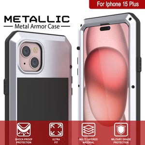 Funda de metal para iPhone 15 Plus, resistente y de grado militar, cubierta de armadura [a prueba de golpes] de cuerpo completo [blanca].