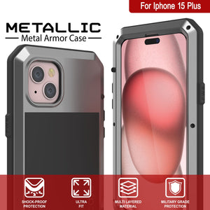 iPhone 15 Plus Metal Case, Cubierta de Armadura de Grado Militar Resistente [a prueba de golpes] de Cuerpo Completo Duro [Plata]