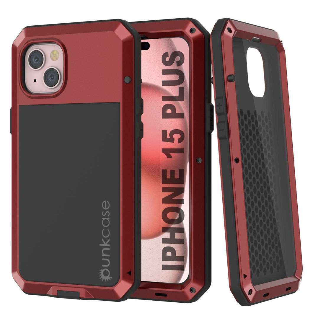 Funda de metal para iPhone 15 Plus, resistente de grado militar con protección contra impactos [a prueba de golpes]. Cubierta dura de cuerpo completo [Rojo].