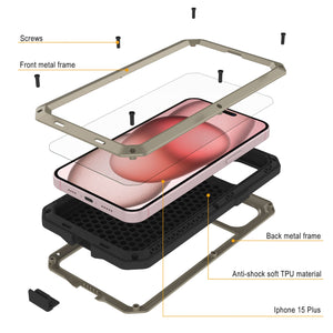 Funda metálica para iPhone 15 Plus, resistente de grado militar [a prueba de golpes], cuerpo completo duro [dorado].
