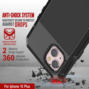 Estuche de metal iPhone 15 Plus, Cubierta de armadura resistente de grado militar [a prueba de golpes] Cuerpo completo resistente [Negro].