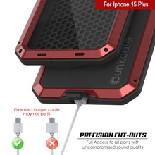 Cargar imagen en el visor de la galería, Funda de metal para iPhone 15 Plus, resistente de grado militar con protección contra impactos [a prueba de golpes]. Cubierta dura de cuerpo completo [Rojo].
