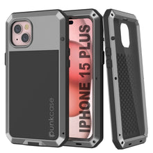 Cargar imagen en el visor de la galería, iPhone 15 Plus Metal Case, Cubierta de Armadura de Grado Militar Resistente [a prueba de golpes] de Cuerpo Completo Duro [Plata]

