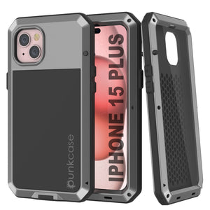 iPhone 15 Plus Metal Case, Cubierta de Armadura de Grado Militar Resistente [a prueba de golpes] de Cuerpo Completo Duro [Plata]
