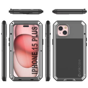 iPhone 15 Plus Metal Case, Cubierta de Armadura de Grado Militar Resistente [a prueba de golpes] de Cuerpo Completo Duro [Plata]