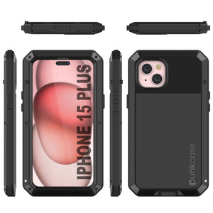 Estuche de metal iPhone 15 Plus, Cubierta de armadura resistente de grado militar [a prueba de golpes] Cuerpo completo resistente [Negro].